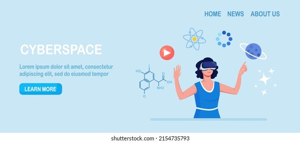 Cyberspace. Metaverse Digital Virtual Reality Technology. Innovation Interactive Education at Home. Woman in VR Glasses and Headset Learning and Touching Elements of Simulation. Cyber Technology