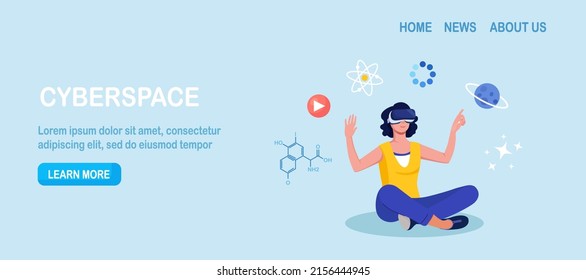 Cyberspace. Metaverse Digital Virtual Reality Technology. Innovation Interactive Education at Home. Woman in VR Glasses and Headset Learning and Touching Elements of Simulation. Cyber Technology