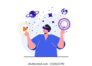 Cyberspace modern flat concept for web banner design. Man in VR headset interacts with buttons and multimedia elements in simulated space with planets. Vector illustration with isolated people scene