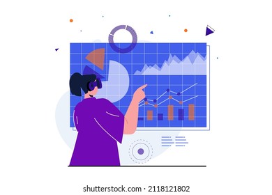 Cyberspace modern flat concept for web banner design. Woman in VR headset interacts with data graph and analysis tools in simulated workspace dashboard. Vector illustration with isolated people scene