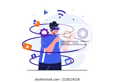Cyberspace modern flat concept for web banner design. Man in VR glasses explores augmented reality on simulated dashboard. Cyber technology education. Vector illustration with isolated people scene