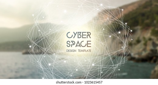 Cyberspace and network connection vector digital illustration. Futuristic technology widescreen website banner with glowing particles and repeating fractal lines in front of natural background.
