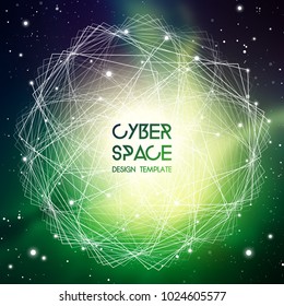 Cyberspace and network connection vector digital illustration. Futuristic technology design template with glowing particles and repeating fractal lines in front of space background