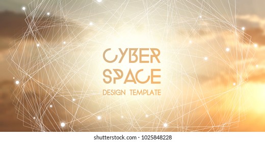 Cyberspace and network connection vector digital illustration. Futuristic technology widescreen website banner with glowing particles and repeating fractal lines in front of nature landscape.