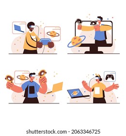 Cyberspace people concept isolated scenes set. Men and women in VR headsets learning or gaming at augmented interactive simulation. Virtual reality technology. Vector illustration in flat design