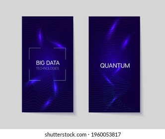 Fondo vectorial de partículas brillantes cuánticas en el ciberespacio. Red de cuadrícula 3D horizontal azul turquesa púrpura. Banner vertical de conexión de red. Plantilla de computación digital artificial de publicidad genial.