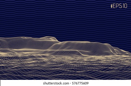 Cyberspace relief from a grid on a dark blue background. Abstract vector illustration. Wireframe perspective terrain. 