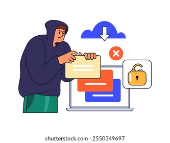 Cyberspace security and threat of stealing personal sensitive information, flat cartoon vector illustration. Isolated hacker breaking into encrypted space with lock, protection of network