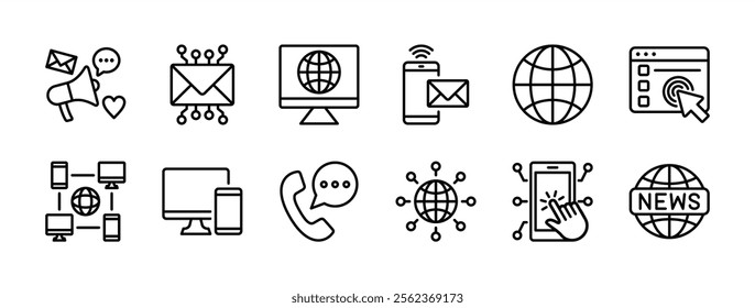 Cyberspace thin line icon set. Containing social media, electronic mail, website, web page, computer device, communication technology, news, network, blog, newsletter. Vector illustration