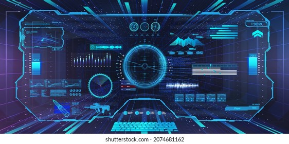 Cyberspace through virtual reality glasses with futuristic hud interface. Head-up display with flight view of a flying ship, plane, car or drone for games, GUI, UI. HUD VR cockpit. Cyberpunk screen