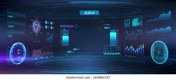 Cyberspace Virtual reality in HUD, GUI style. Futuristic VR design display. Head-up User Interface. Cyberpunk Sky-fi helmet or cockpit dashboard with speedometer, infographics and indicators. Vector