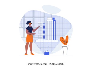 Cyberspace web concept with character scene. Woman in VR creating buildings hologram for architect project. People situation in flat design. Vector illustration for social media marketing material.