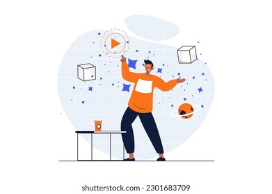 Cyberspace web concept with character scene. Man in VR glasses interacting with 3d objects in virtual reality. People situation in flat design. Vector illustration for social media marketing material.