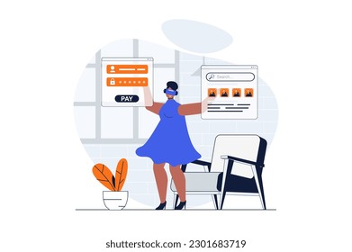 Cyberspace web concept with character scene. Woman in VR works and interacts with screens in virtual reality. People situation in flat design. Vector illustration for social media marketing material.