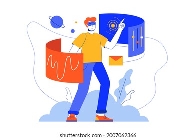 Cyberspace web concept. Man in virtual reality glasses studying or gaming, modern 3d VR technology. Vector illustration in minimal flat design for blog, app design, onboarding screen, social media