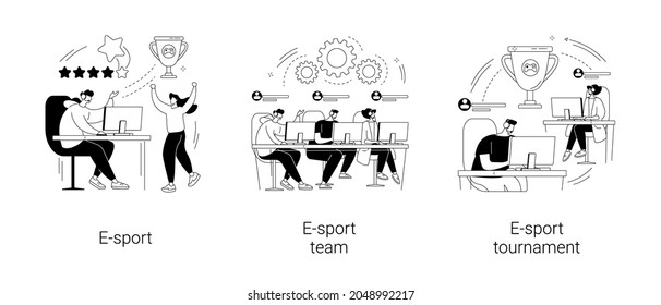 Cybersport abstract concept vector illustration set. E-sport team and tournament, multiplayer video game, esports championship, gaming arena, online sport, player fan support abstract metaphor.