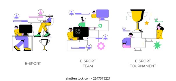 Cybersport abstract concept vector illustration set. E-sport team and tournament, multiplayer video game, esports championship, gaming arena, online sport, player fan support abstract metaphor.