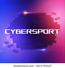 Cybersport banner. Abstract technology design with geometric elements and light effects. Broken brick wall.