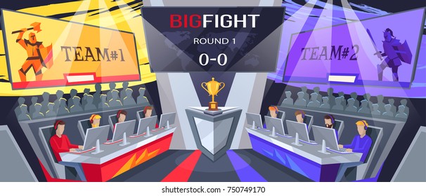 Cybersport big fight, image with two teams, their logos above, people watching process and prize for winners on vector illustration