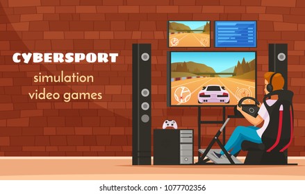 Cybersport Cartoon Young Man Character Composition With Teenager Playing Realistic Car Driving Simulator Video Game Vector Illustration 