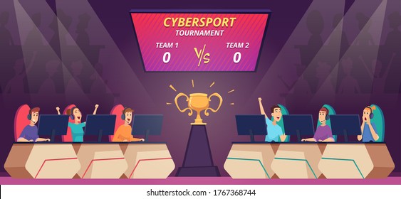 Cybersport competition. Viewers watching video game match on big screen tv cybersport arena vector cartoon background