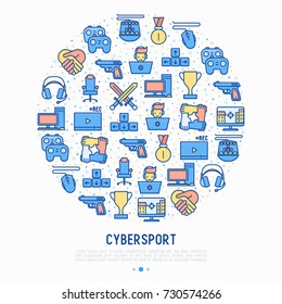 Cybersport concept in circle with thin line icons: gamer, computer games, pc, headset, mouse, game controller. Modern vector illustration for banner, web page, print media.