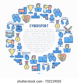 Cybersport concept in circle with thin line icons: gamer, computer games, pc, headset, mouse, game controller. Modern vector illustration for banner, web page, print media.