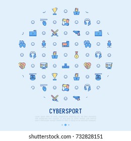 Cybersport concept in circle with thin line icons: gamer, computer games, pc, headset, mouse, game controller. Modern vector illustration for banner, web page, print media.
