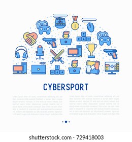 Cybersport concept in half circle with thin line icons: gamer, computer games, pc, headset, mouse, game controller. Modern vector illustration for banner, web page, print media.