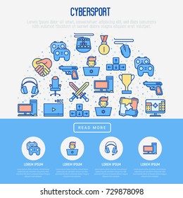 Cybersport concept in half circle with thin line icons: gamer, computer games, pc, headset, mouse, game controller. Modern vector illustration for banner, web page, print media.