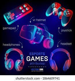 Cybersport games icon set - abstract VR helmet with glasses, headphones, gamepad, joystick. Outline vector illustration of different attributes for retro games and streaming in 3d neon line art style