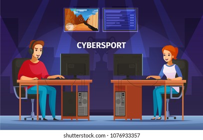 Cybersport games playing at desktop 2 cartoon characters composition with girl and teenager wearing headset vector illustration  