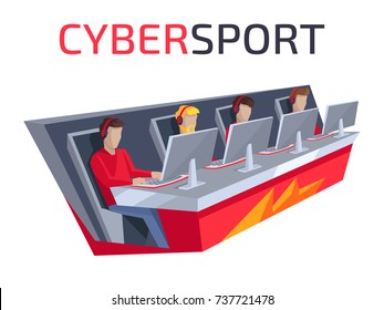 Cybersport icon of team, people playing game, looking at screen and sitting in comfortable chairs on vector illustration isolated on white