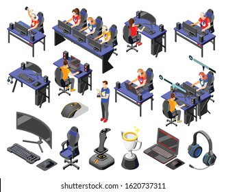 Cybersport icons set with game equipment symbols isometric isolated vector illustration