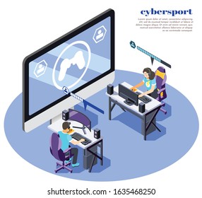 Cybersport isometric and colored composition with abstract online gaming and two people vector illustration