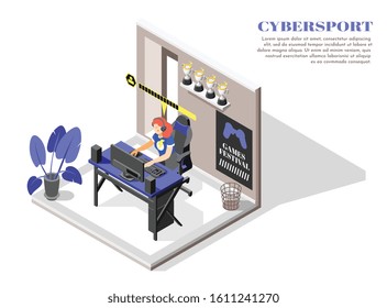 Cybersport isometric and colored composition isolated room with gaming computer and girl vector illustration