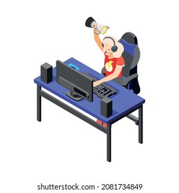 Cybersport isometric composition with character of happy female player at computer table vector illustration