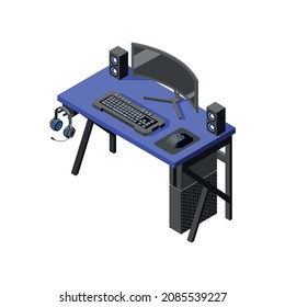 Cybersport isometric composition with isolated image of gaming computer on table vector illustration