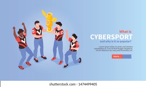 Cybersport isometric horizontal home web page banner with e sport championship winners holding prize trophy vector illustration 