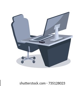 Cybersport items for playing including table and personal computer, keyboard and mouse, comfortable armchair on vector illustration