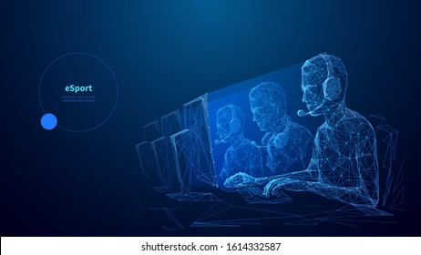 Cybersport low poly wireframe banner vector template. Esports competition, online game championship poster polygonal design with text space. Professional gamers team 3d mesh art with connected dots