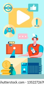 Cybersport, Online Gaming Flat Vector Illustration. Professional Gamer, Streamer Cartoon Character. Teenager Earning Money By Playing Computer Games. Blogging Business, Entertainment Industry