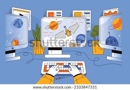 Cybersport player at the computer competes for a trophy.The guy sits at the table and plays a game on a large monitor. Hands hold keyboard and screen with rocket illustration. Cyber sport concept.