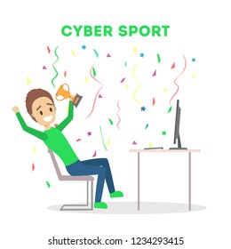 Cybersport player or gamer sitting at computer pc monitor with trophy cup. Playing game in internet. Online match. Isolated flat vector illustration