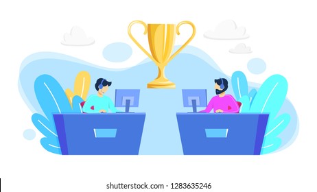 Cybersport player or gamer sitting at computer pc monitor with trophy cup. Playing game in internet. Online match. Isolated flat vector illustration