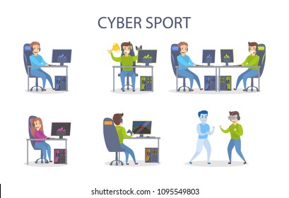 Cybersport playing set. People with computers winning and fighting.