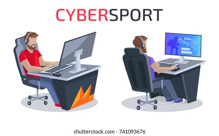 Cybersport poster, representing two gamers sitting in comfortable chair and playing video game together vector illustration isolated on white