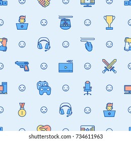 Cybersport seamless pattern with thin line icons: gamer, computer games, pc, headset, mouse, game controller. Modern vector illustration for banner, web page, print media.
