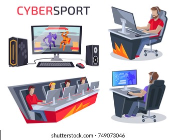 Cybersport set of icons representing workplace of gamer consisting of pc, mouse and keyboard, team and person playing video game vector illustration