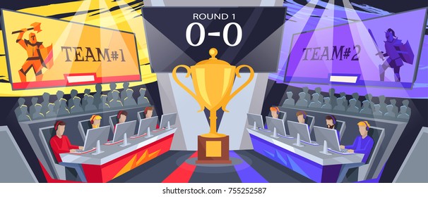 Cybersport team competition with two teams of gamers playing first round of game. Vector illustration with golden cup in center of hall